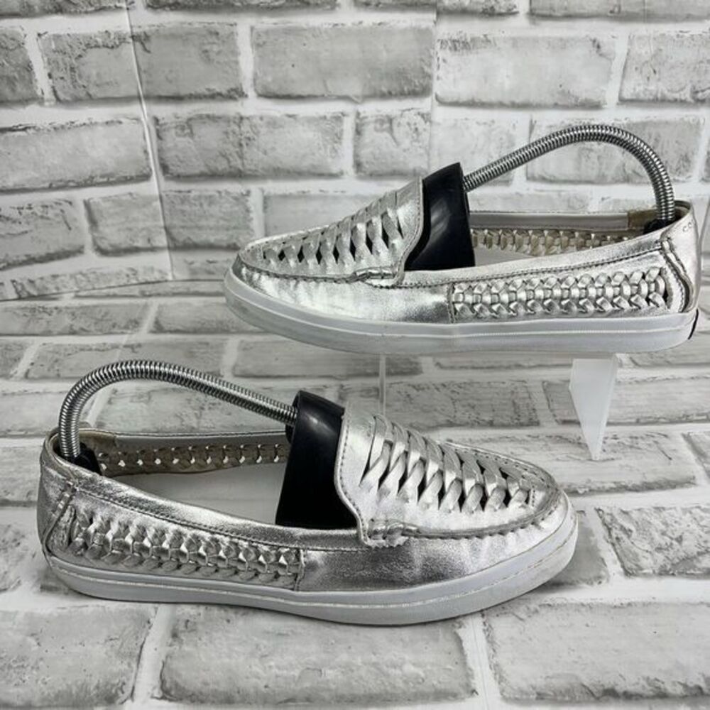 Cole Haan Metallic Silver Woven Slip-On Loafers with Black Vamp